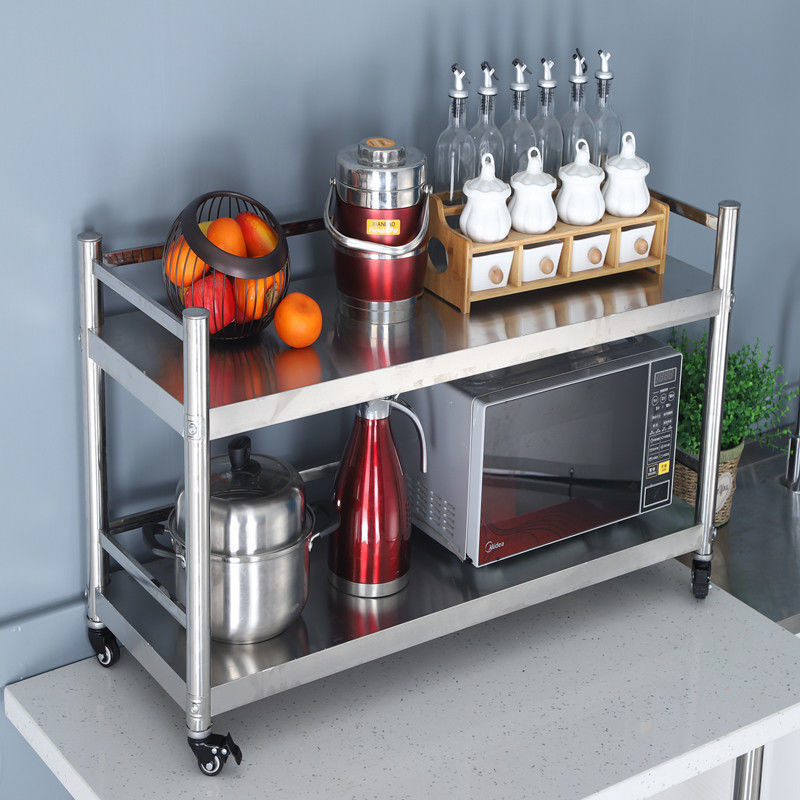 带护栏厨房不锈钢置物架双层微波炉烤箱收纳整理架带轮Z子两层货