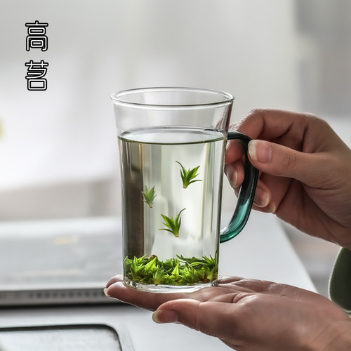 绿茶玻璃杯女带手柄喝水杯子夏季茶杯家用耐高温高U颜值咖啡杯带