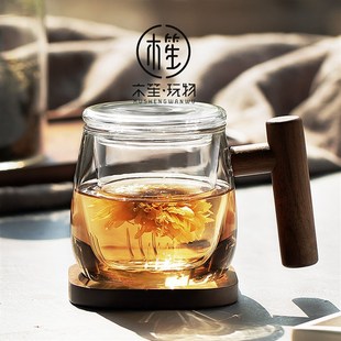 圆趣茶水分离玻璃杯花茶杯家用办公室泡P茶杯带盖水杯子男女 日式