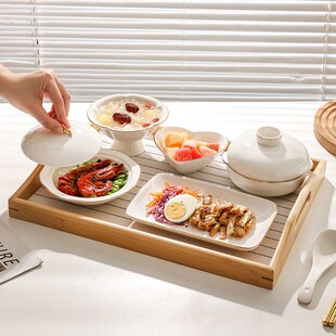 竹质托盘一人食茶盘点心盘家用收F纳放水杯果盘月子餐餐具套 日式