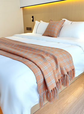 民宿果绿色千鸟格床尾巾床旗样板房搭毯床N尾毯床上搭巾沙发盖毯