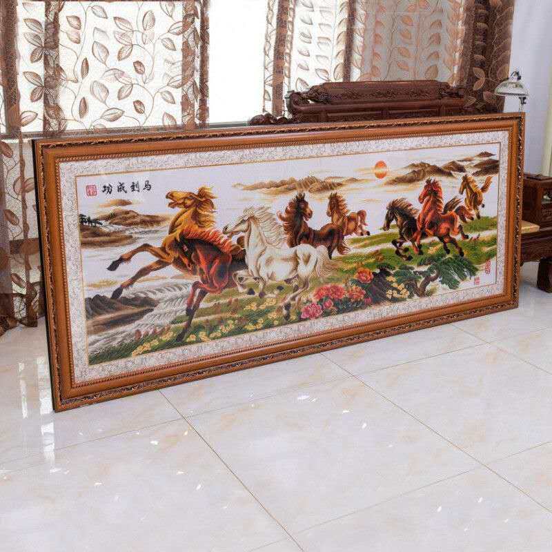 新款带框架已装裱完绣好的十字绣成品马到成N功八骏图大幅出售包