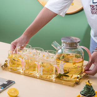 中式家用b耐高温高硼硅玻璃水具套装客厅大容量喝水杯凉水壶带托
