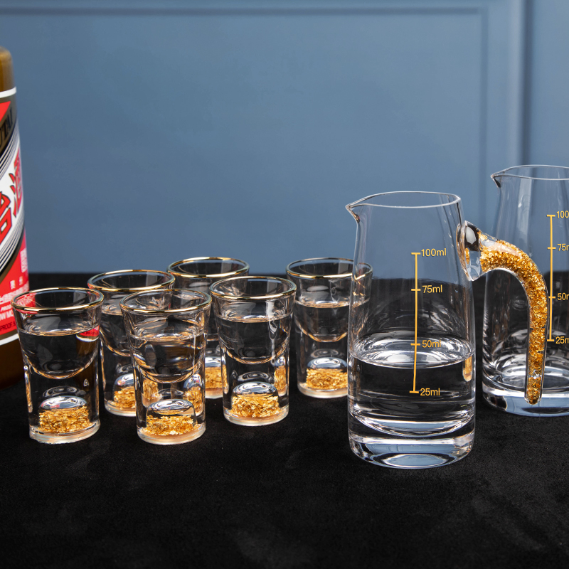 水晶白酒杯金箔玻璃酒盅分酒器中A式家用酒具子弹酒杯高档礼盒套