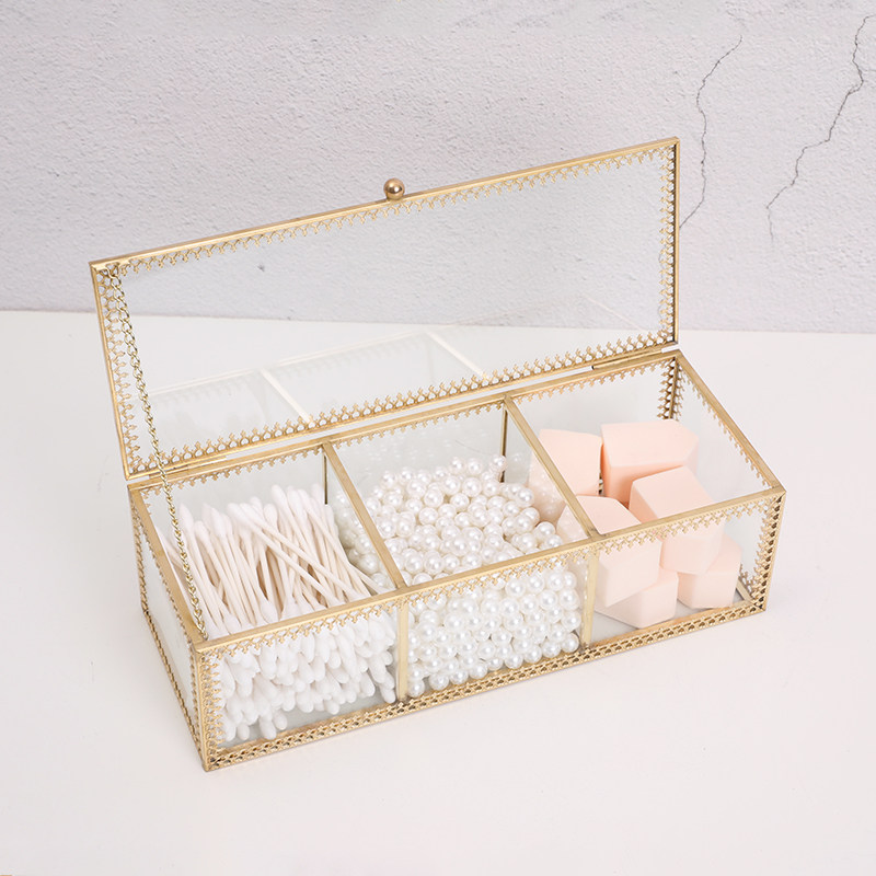 化妆棉粉b扑美甲桌面收纳盒防尘带盖透明玻璃少女心小物分格化妆,收纳整理,桌面收纳盒,淘宝优惠券,粉丝福利购,淘宝优惠卷