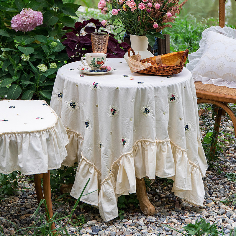 法式桌布田园风圆桌布茶几盖布台布长方形高P级感全棉刺绣防尘布