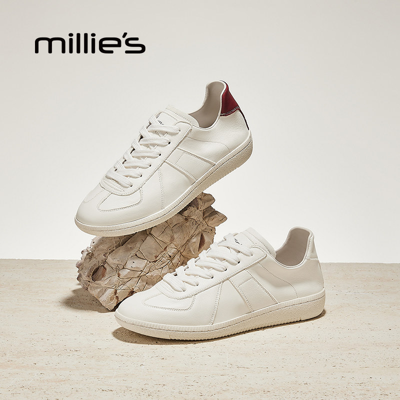 MILLIE'S/妙丽女鞋2025秋款真皮小白鞋平底德训鞋女复古休闲鞋,女鞋,德训鞋,淘宝优惠券,粉丝福利购,淘宝优惠卷