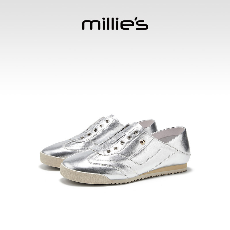 millies妙丽银色德训鞋女2025春季新款时尚真皮一脚蹬平底鞋休闲,女鞋,德训鞋,淘宝优惠券,粉丝福利购,淘宝优惠卷