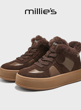 millies妙丽厚底休闲鞋女款冬季加绒高帮板鞋复古德训鞋保暖棉鞋