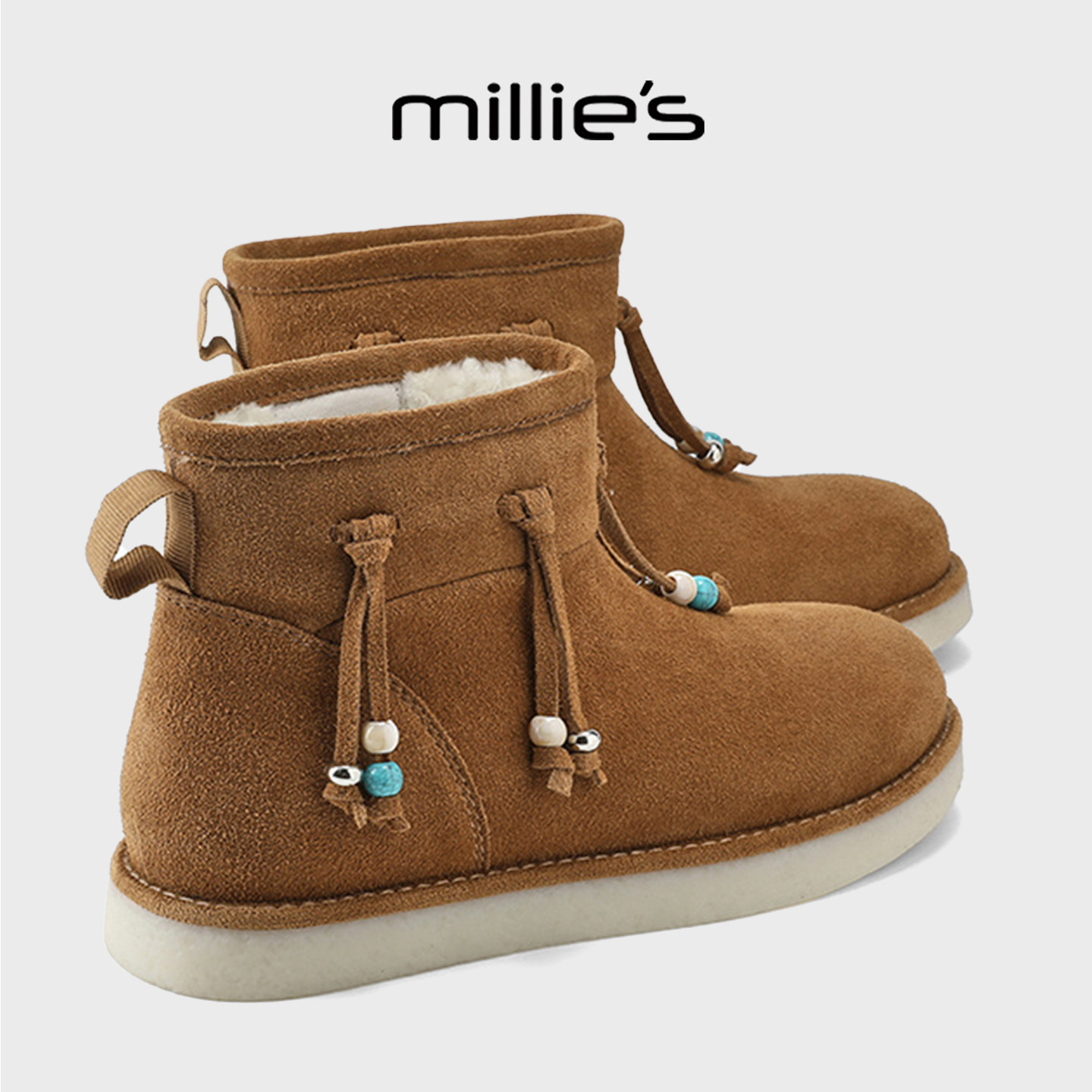 MILLIE'S/妙丽冬季新款羊毛靴保暖牛反绒短靴女款复古流苏靴棉靴