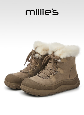 millies妙丽户外防滑雪地靴女冬季新款加绒短靴真皮高帮棉鞋女