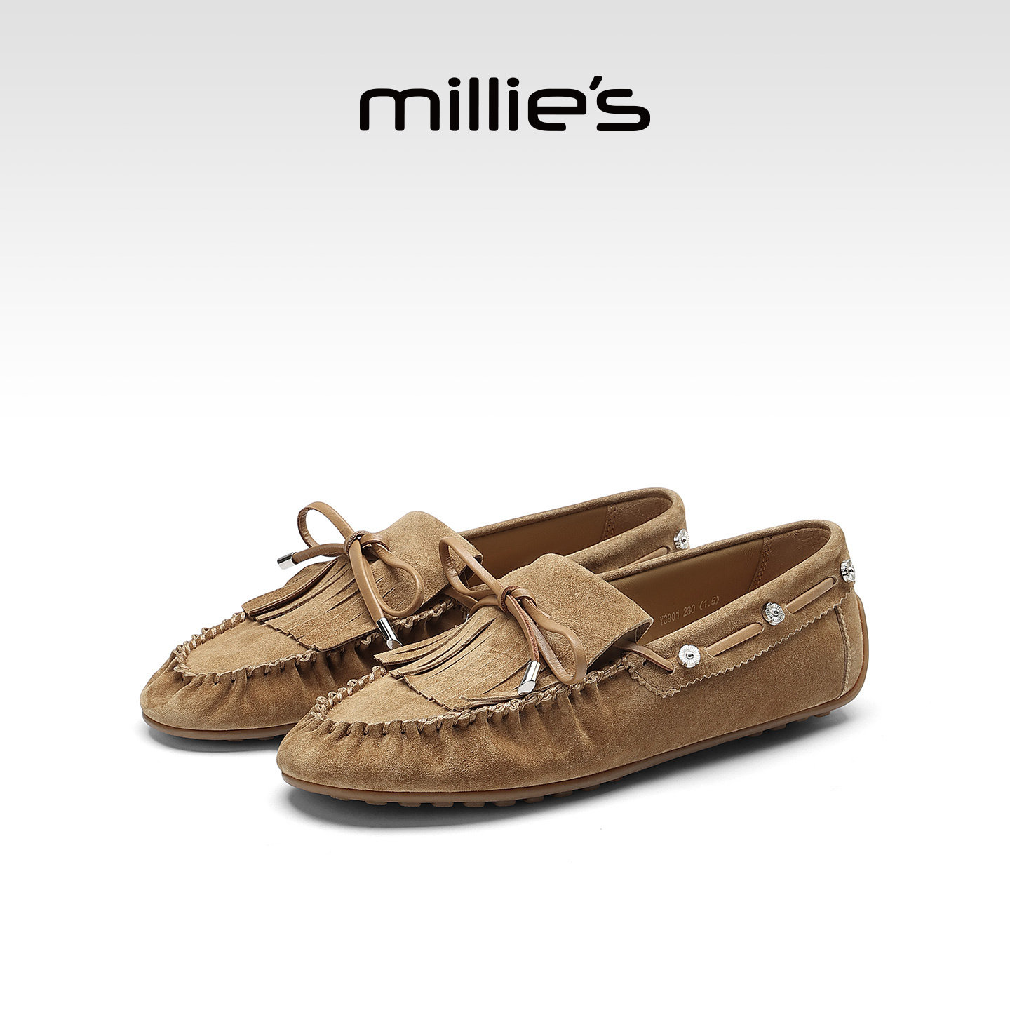MILLIE'S/妙丽舒适春夏新款真皮流苏乐福鞋女款平底一脚蹬豆豆鞋