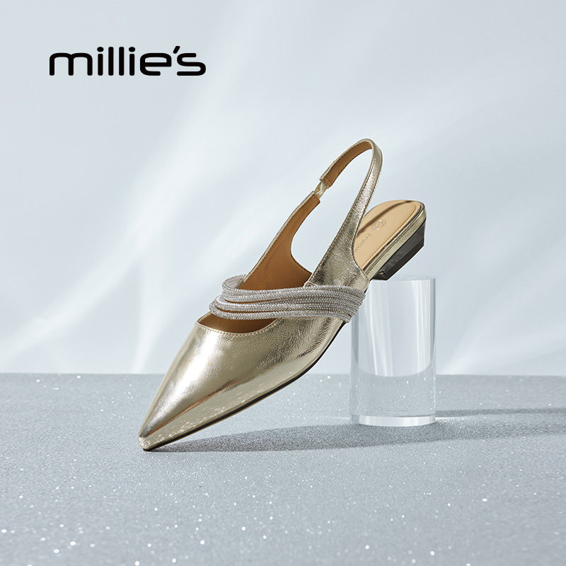 妙丽女鞋2025新款夏季外穿时髦尖头凉鞋女绝美时装鞋平底水钻单鞋