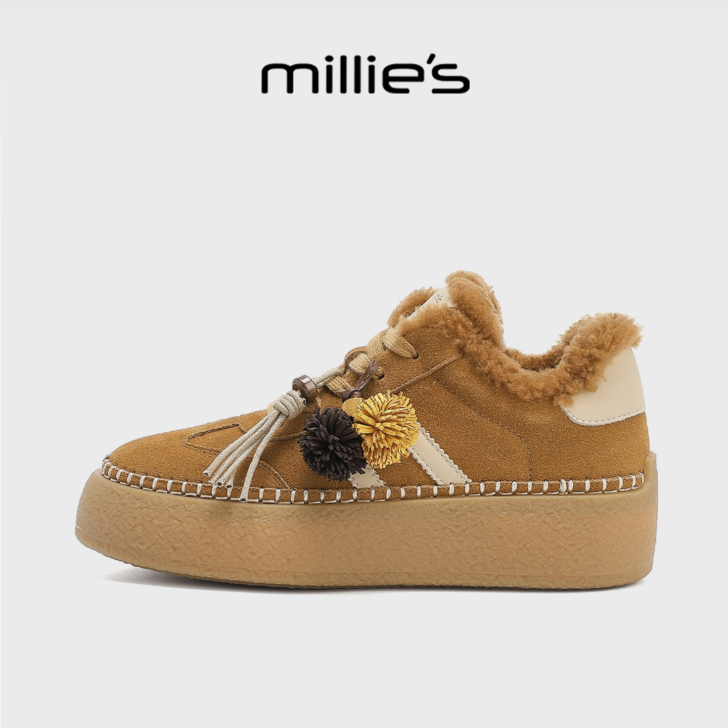 MILLIE'S/妙丽反绒皮厚底德训鞋女加绒保暖棉鞋秋冬新款毛毛板鞋