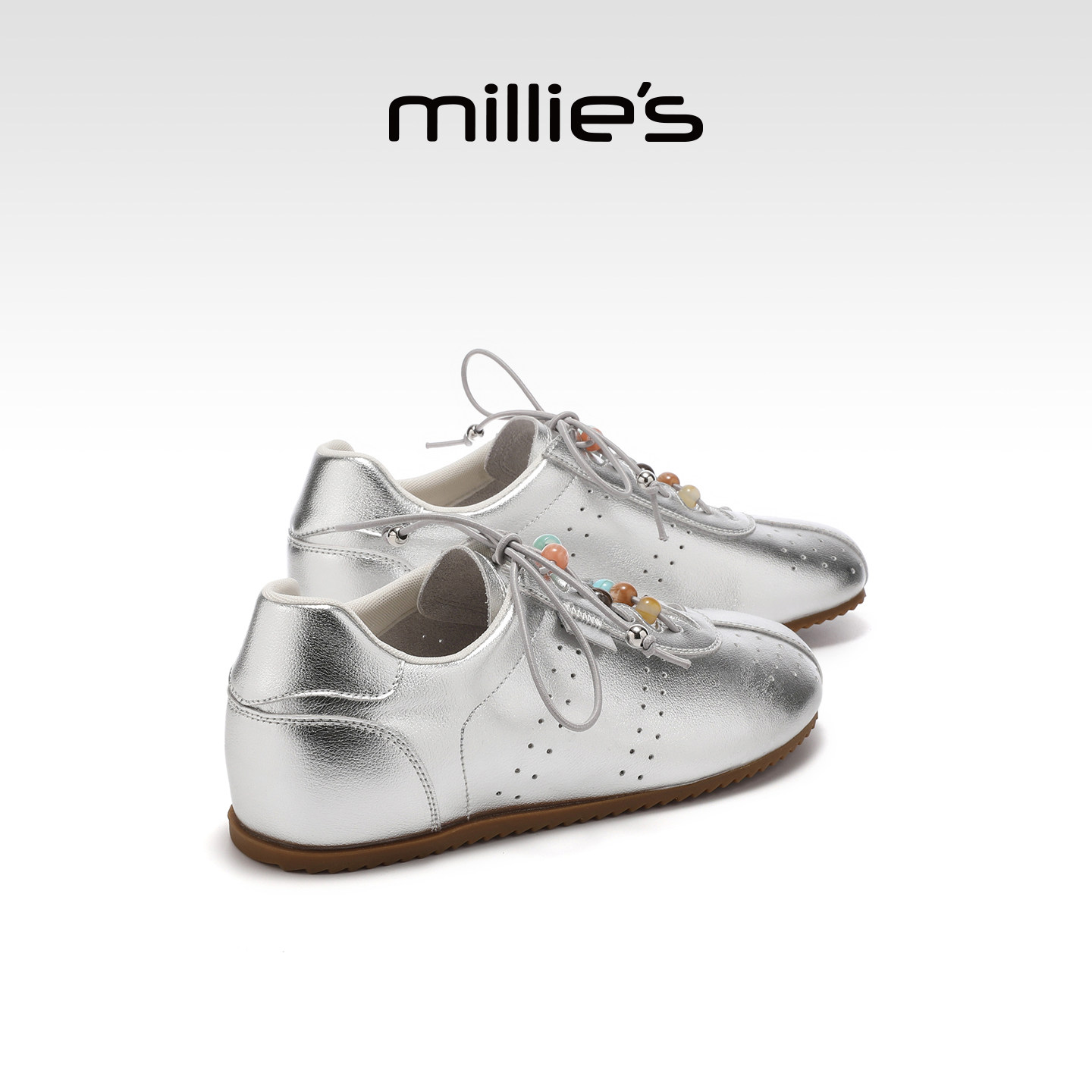 MILLIE'S/妙丽银色真皮德训鞋2026春季女款休闲系带平底鞋百搭,女鞋,德训鞋,淘宝优惠券,粉丝福利购,淘宝优惠卷