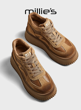 millies妙丽厚底休闲鞋女款冬季加绒复古德训圆头松糕高帮鞋加棉