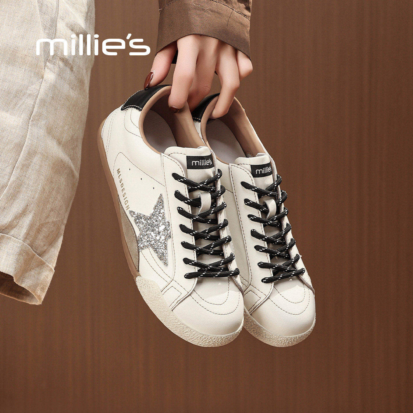 MILLIE'S/妙丽星星小白鞋女款2026春新款平底德训休闲鞋板鞋系带,女鞋,时尚休闲鞋,淘宝优惠券,粉丝福利购,淘宝优惠卷
