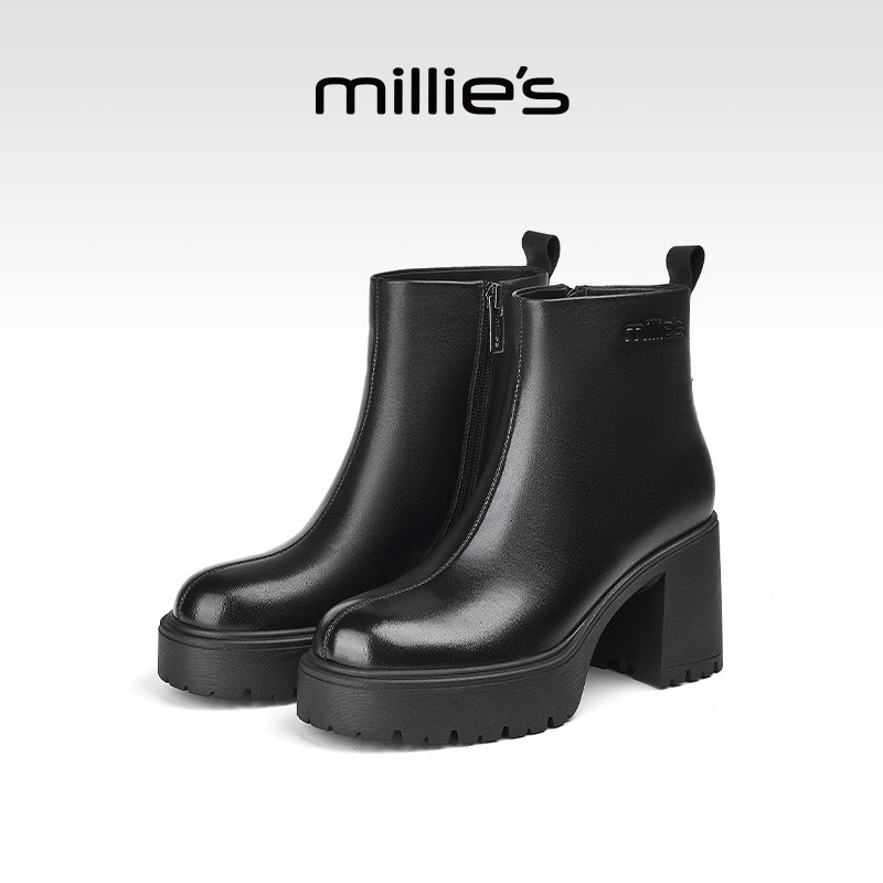millies妙丽马丁靴短靴女小个子增高冬季新款加绒棉靴高跟配裙子