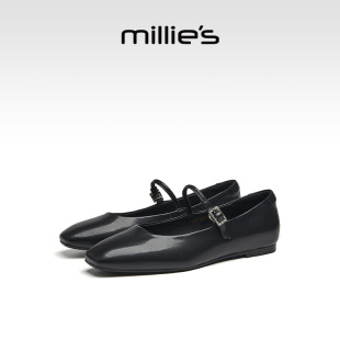 millies妙丽黑色玛丽珍女鞋2025新款法式浅口小皮鞋平底单鞋绝美