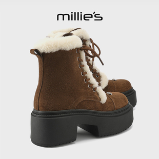 MILLIE'S/妙丽女鞋真皮马丁靴冬款复古中跟圆头加绒短筒靴棉靴