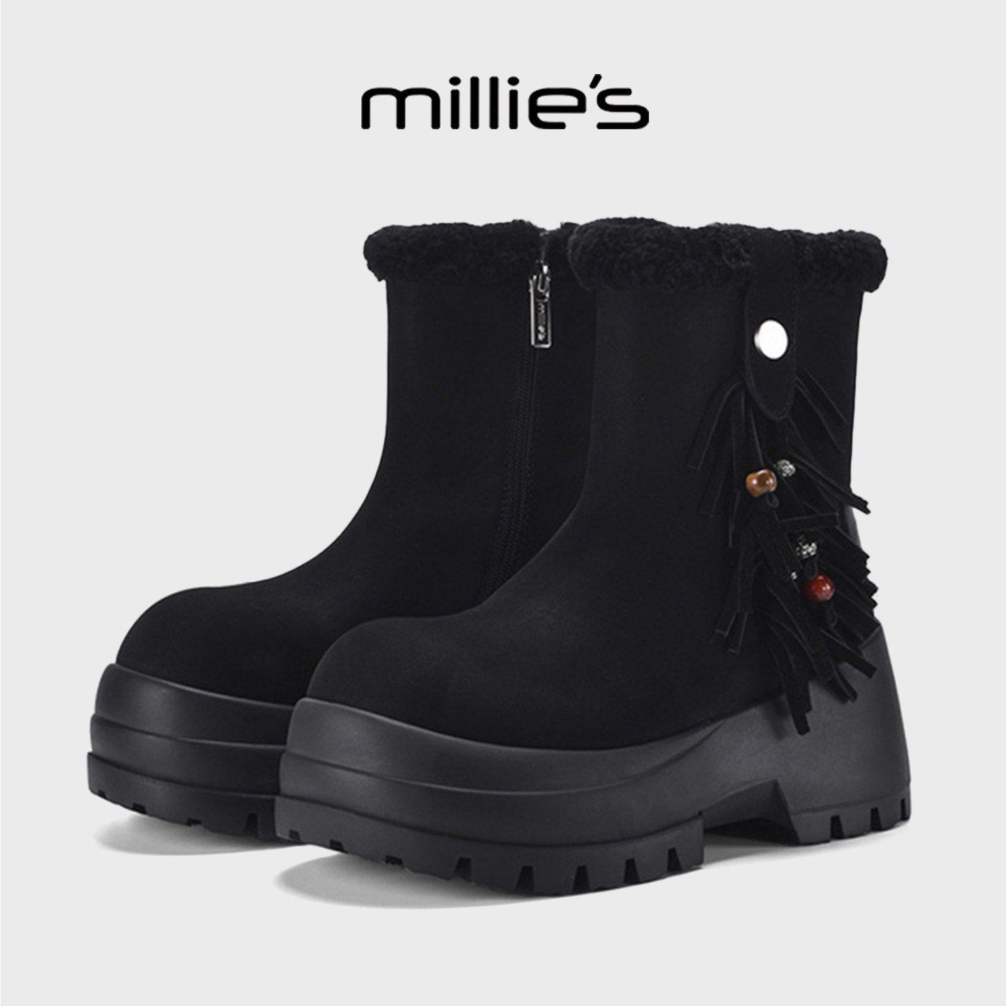 MILLIE'S/妙丽雪地靴女皮毛一体加绒中筒加厚冬季新款保暖毛毛靴