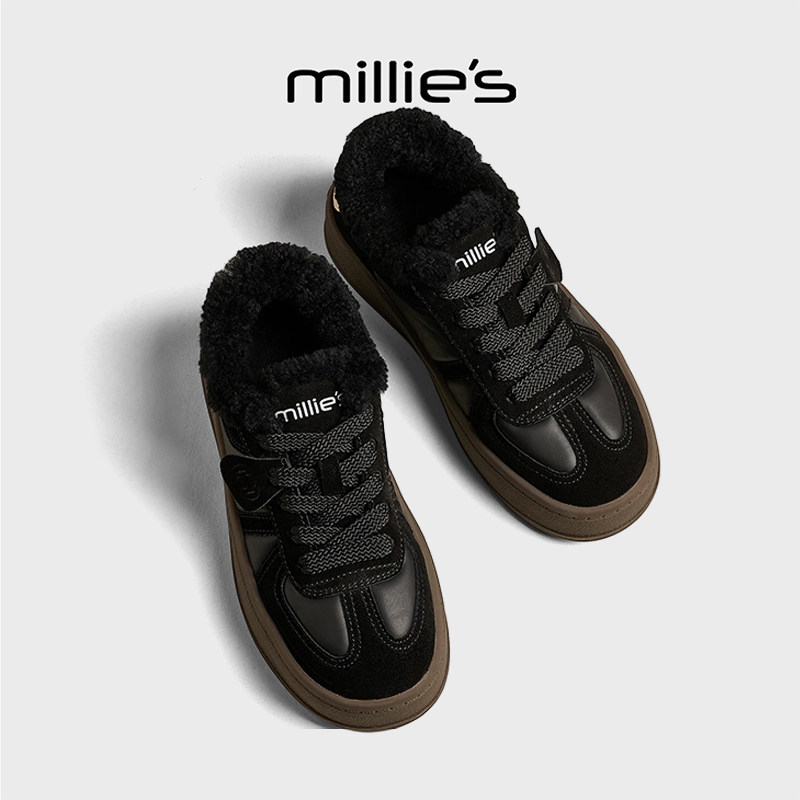 millies妙丽加绒复古德训鞋女款冬季加棉厚底松糕时尚休闲鞋板鞋