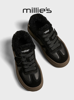millies妙丽加绒复古德训鞋女款冬季加棉厚底松糕时尚休闲鞋板鞋
