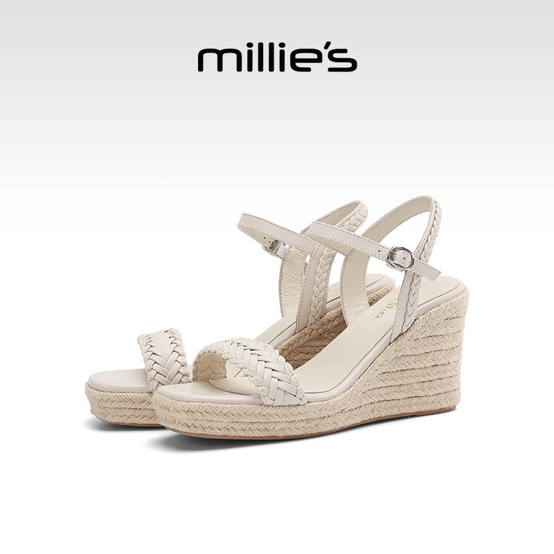 MILLIE'S/妙丽坡跟厚底凉鞋女草编底夏季款编织露趾一字带高跟鞋