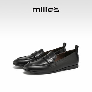 MILLIE'S/妙丽英伦风真皮乐福鞋女款圆头平底深口通勤小皮鞋单鞋