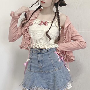 速发海纯社甜妹月欲套装 蝴蝶结小吊带背心2022春仔短款打底牛季