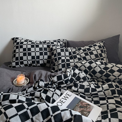 速发Zur复h古黑白棋盘格双层件纯棉床上四纱套全棉家纺床品