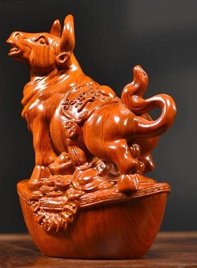 速发花梨木质红摆件办二生肖牛实木家居客厅电视柜十公装饰牛木工