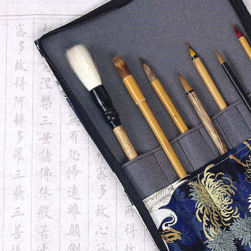 速发国画毛笔收纳卷帘包式书画卷笔袋烫金笔包复古风手工布艺携带