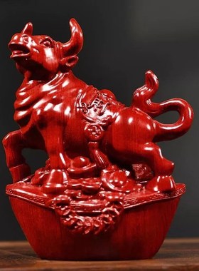 速发红花梨木牛摆件十二生肖牛装木办居客厅电视柜家公实饰红木工