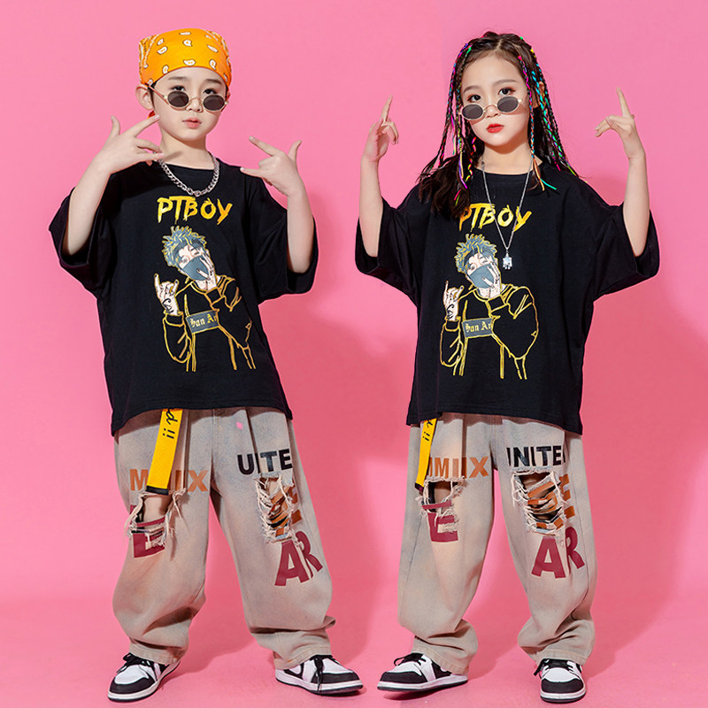 现货速发少儿街舞潮服嘻哈男孩破洞牛仔裤hiphop套装演出服孩爵士