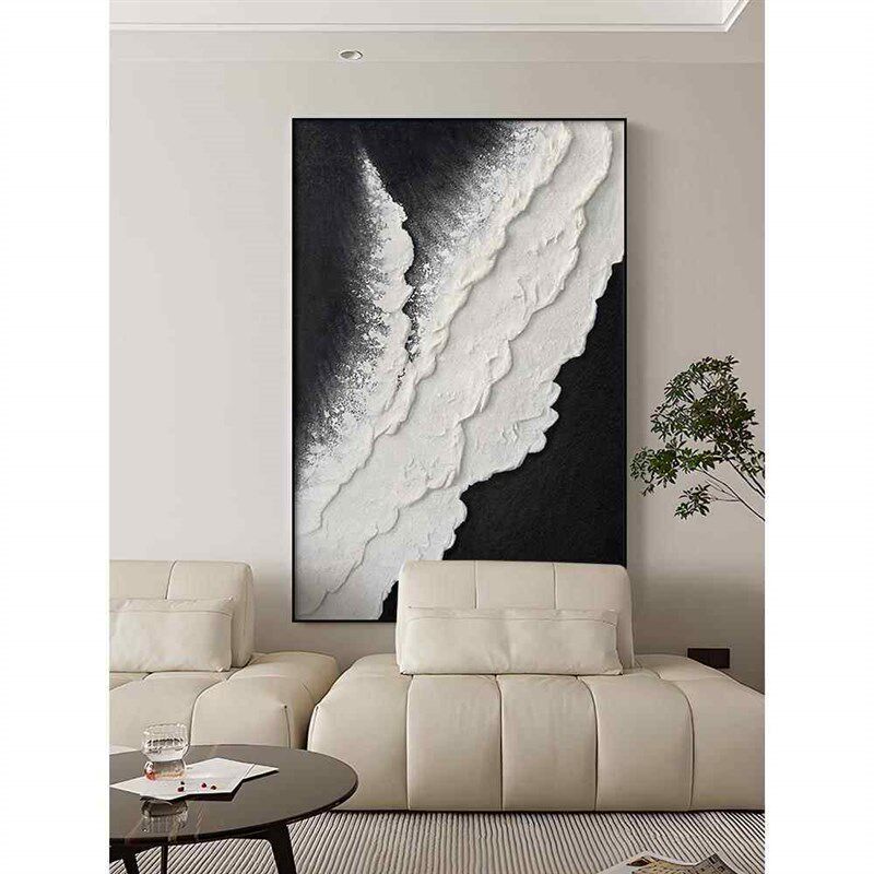 速发黑白客厅装饰画orm艺术沙发背景墙地板画抽象波入口餐厅挂画