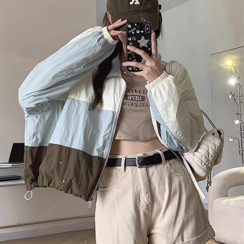 速发港风拼接撞色抽绳宽松夹克外套女装春季百搭薄款防晒立领开衫