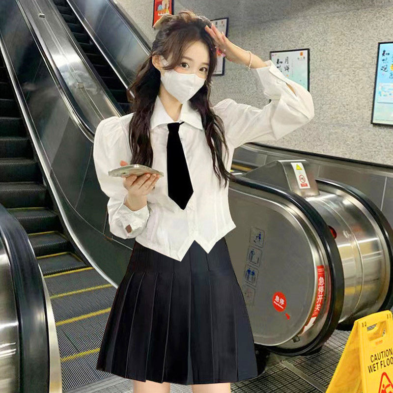 速发学院式短k泡泡袖内搭白色衬衣领带法风收腰上衣j款制服套装