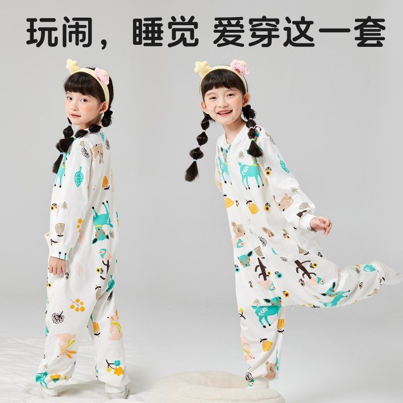 儿童连体睡衣秋冬女童a类睡袋中大童纯棉睡衣宝宝防着凉连身睡衣