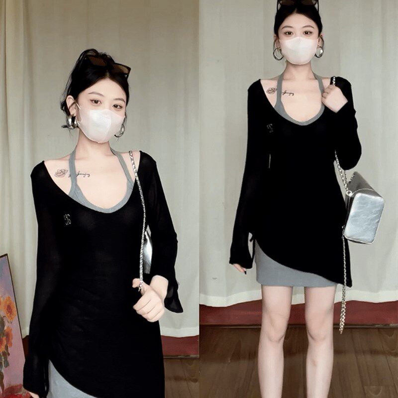 大码胖mm连衣裙2024秋季新款微胖显瘦性感挂脖吊带裙上衣两件套女