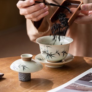家用 画续草木灰手绘竹子三才盖碗茶杯单个泡茶功夫茶具茶碗中式