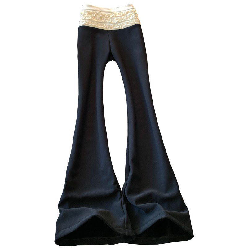 低腰微喇阔腿裤女秋冬季加绒高级感拼接褶皱花边西裤垂感黑色长裤