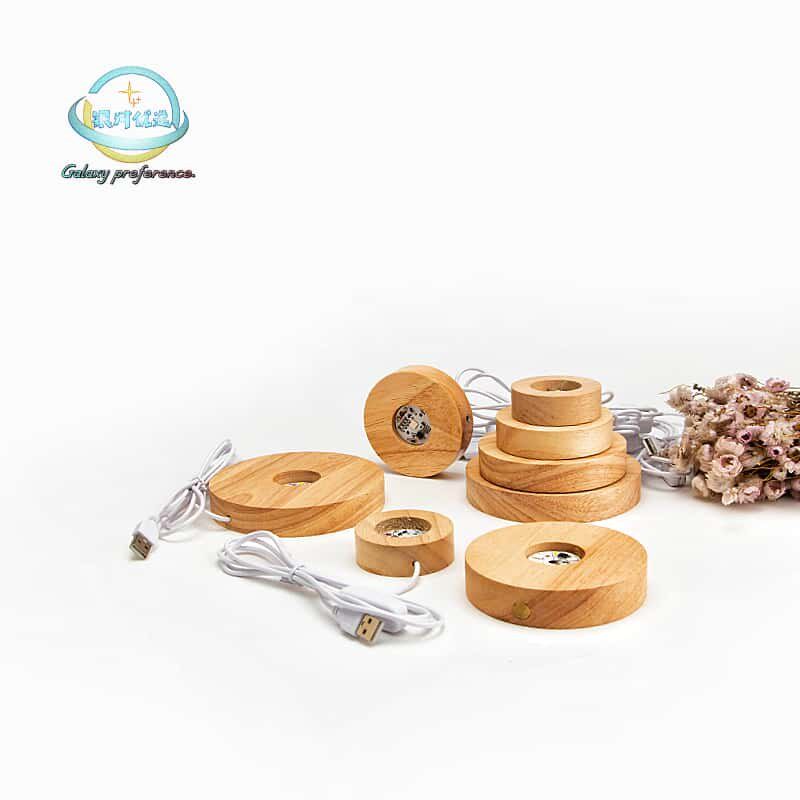 网红圆形实木LED发光底座水晶球七彩幻彩小夜灯USB插电式木质灯座