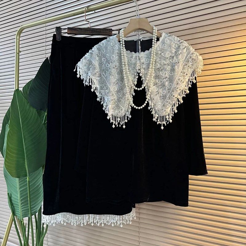 大码女装娃娃领钻点钉珠流苏边上衣半身裙胖妹妹秋季款显瘦两件套