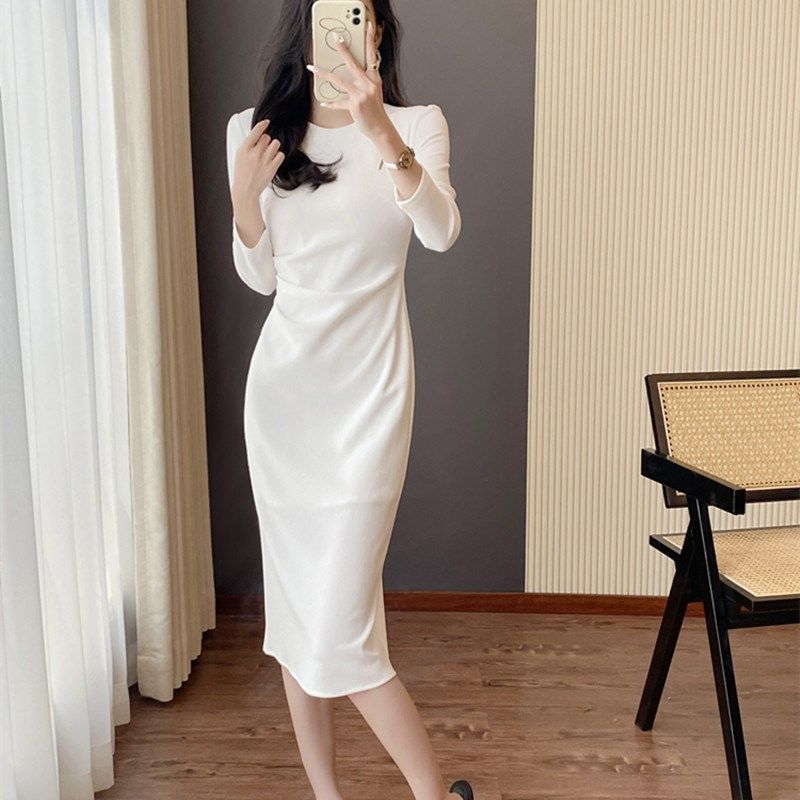 弹力包臀长袖白色连衣裙春秋中长款打底内搭裙小礼裙收腰修身裙子