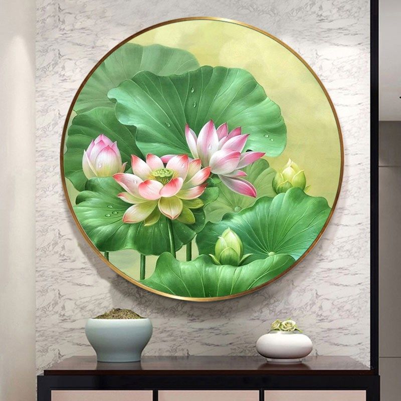 轻奢新中式荷韵壁挂画背景墙古风荷花晶瓷画玄关墙圆形莲花装饰画,家居饰品,现代装饰画,淘宝优惠券,粉丝福利购,淘宝优惠卷