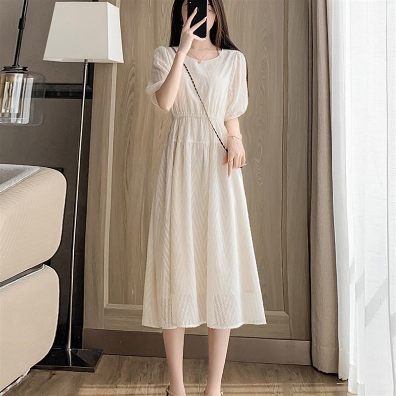 小个子米白色仙女法式雪纺连衣裙女夏季2025新款气质收腰a字裙子