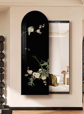 国风喜鹊登枝推拉全身镜中古风暗藏式隐形卧室玄关穿衣镜子装饰画