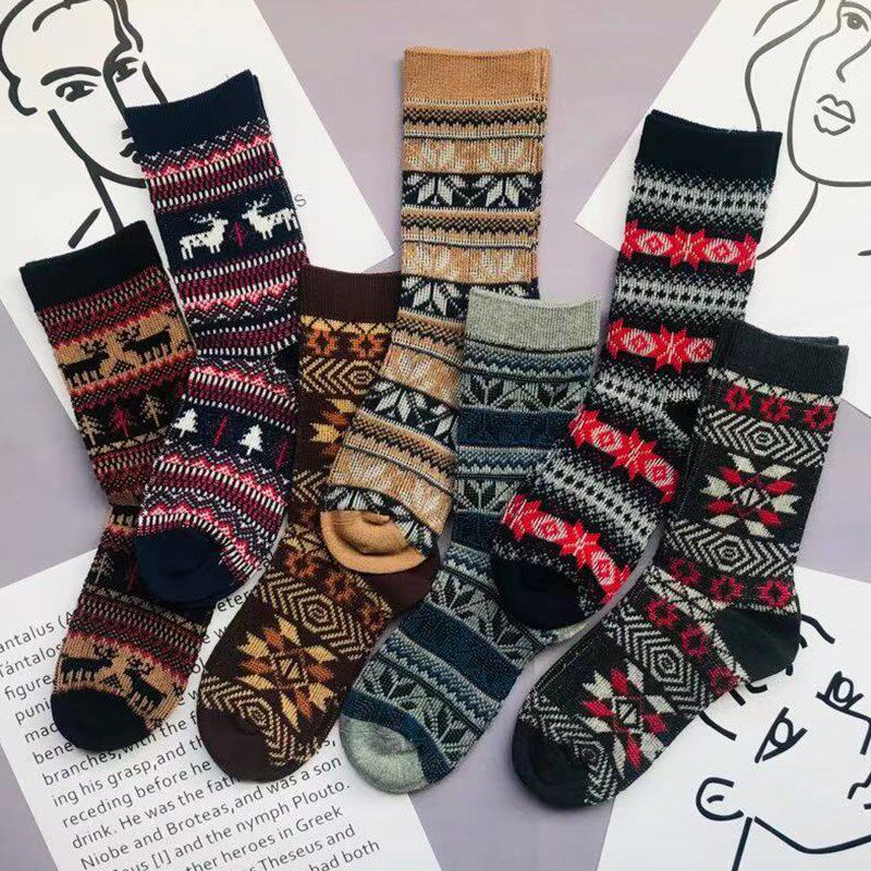 无骨男袜子中筒秋冬纯棉复古棉线袜高帮英伦风长筒双针双路棉袜子