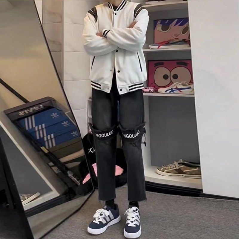 春秋季椰子搭配黄泥宽松薄款直筒牛仔裤男款裤子可拆卸贴布九分裤